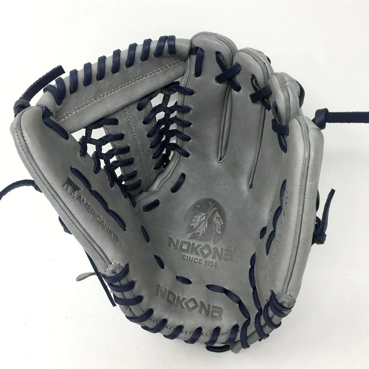 Nokona AmericanKip 14U Gray with Navy Laces 11.25 Baseball Glove Mod Trap Web Right Hand Throw 4 Nokona AmericanKip 14U Gray with Navy Laces 11.25 Baseball Glove Mod Trap Web Right Hand Throw - Image 4